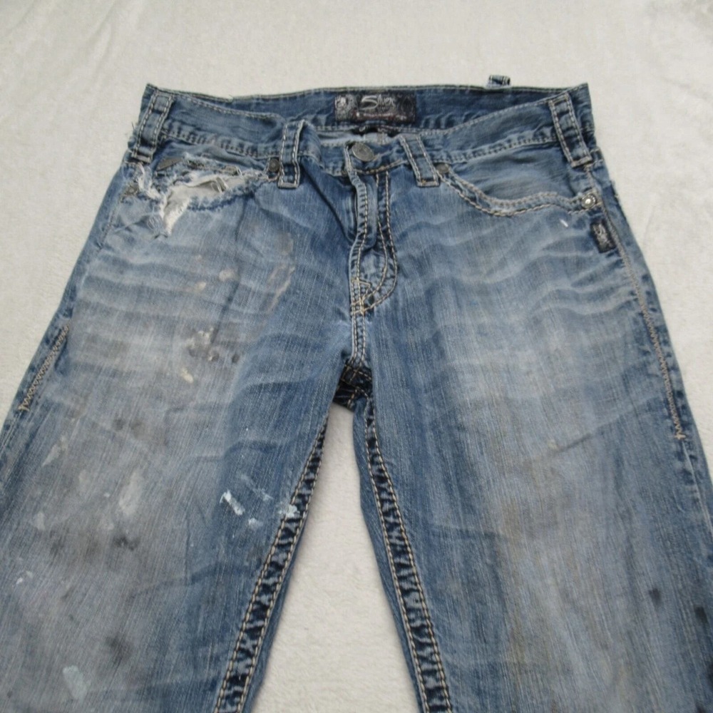 Silver Jeans Mens 33x31 Blue Straight Western Grayson Whiskering‎ Fade Thrashed - Picture 3 of 15
